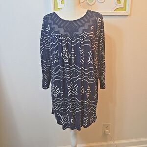 Lucky Brand Womens Tunic Top Navy Blue Size 3X Wavy Sea Pattern in White Buttons